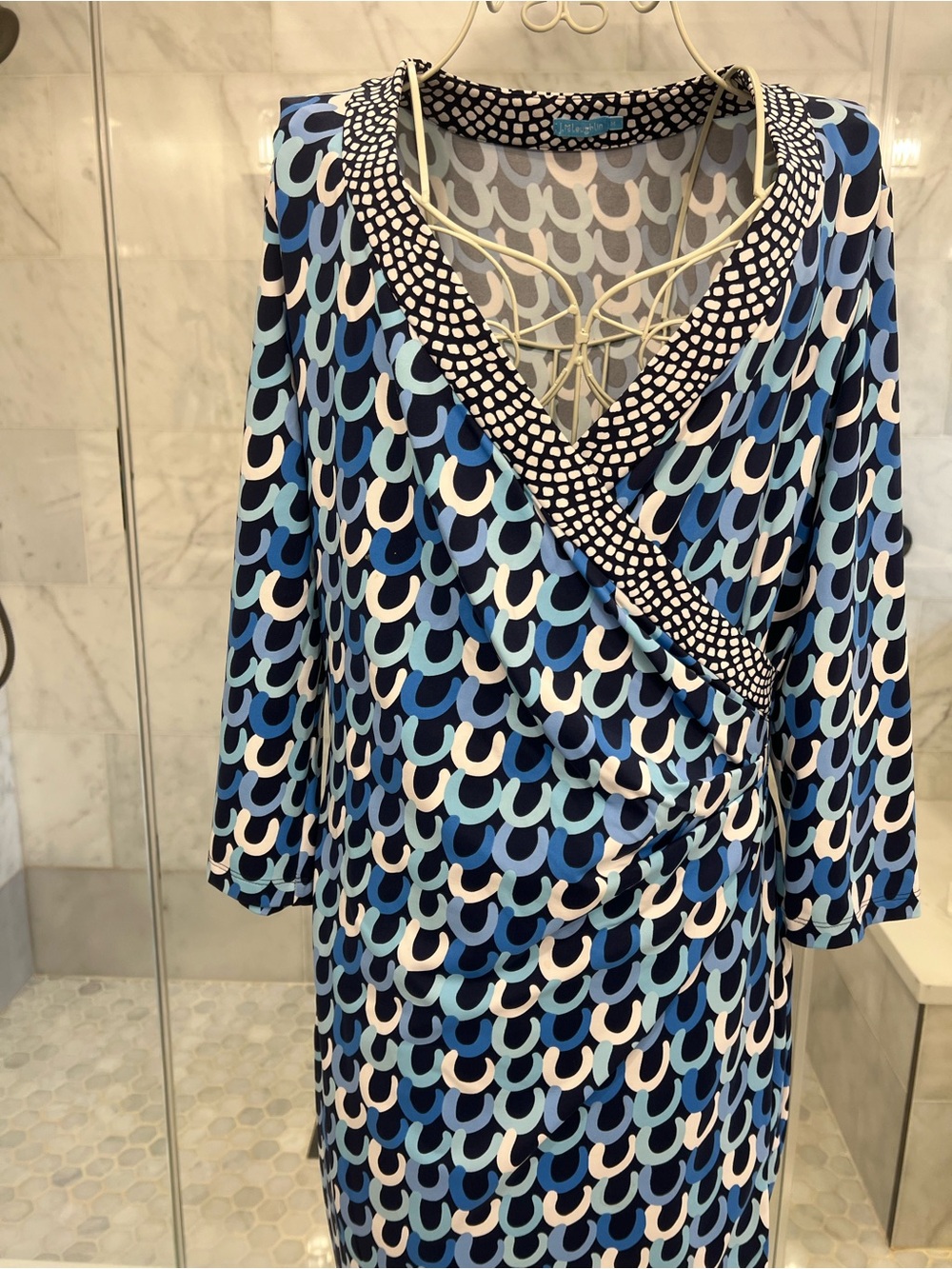 J. McLaughlin Blue White Multi-Pattern Wrap Dress.  Sz. M.  EUC